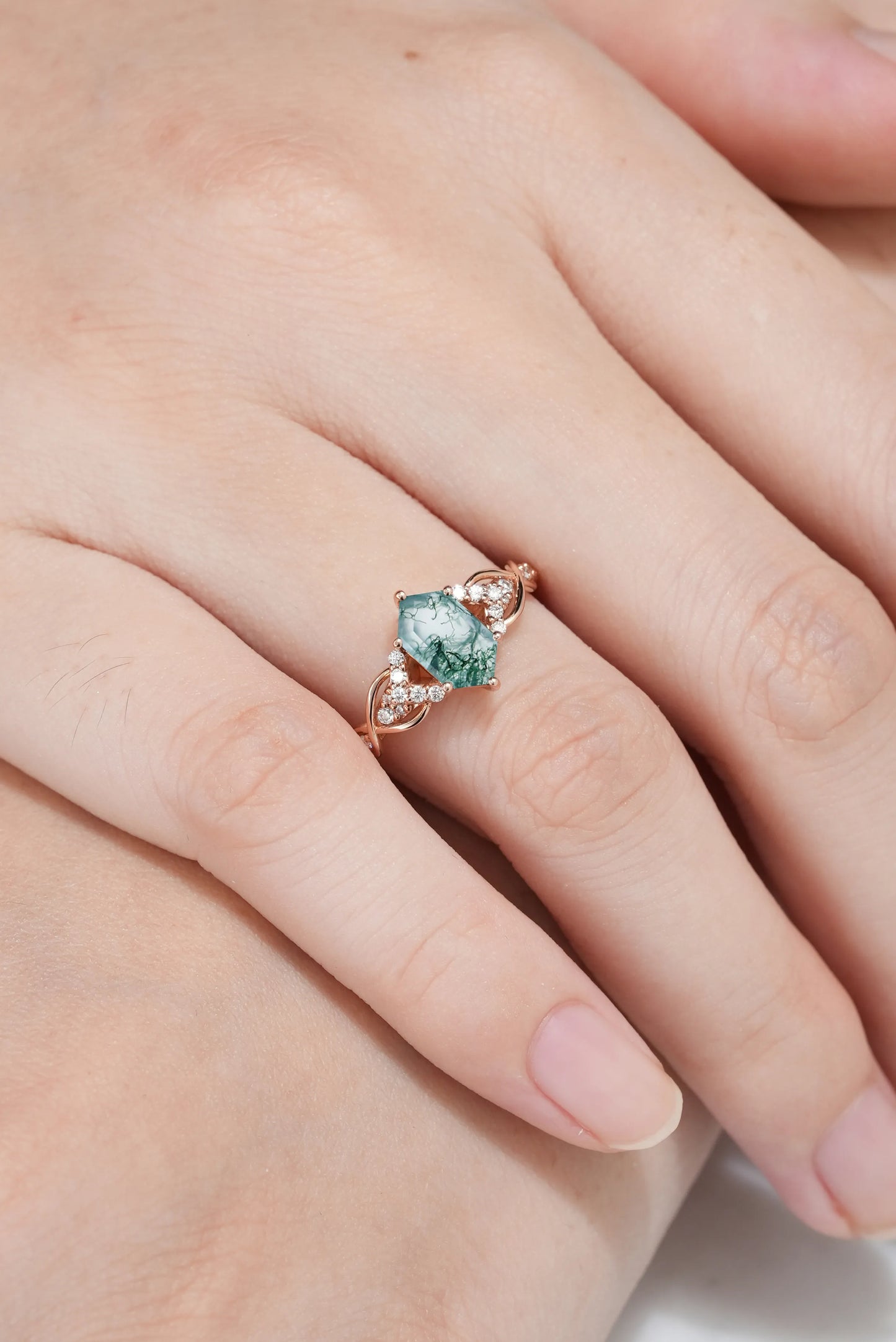 Long Hexagon Moss Agate Engagement Ring with Moissanite Twist Band