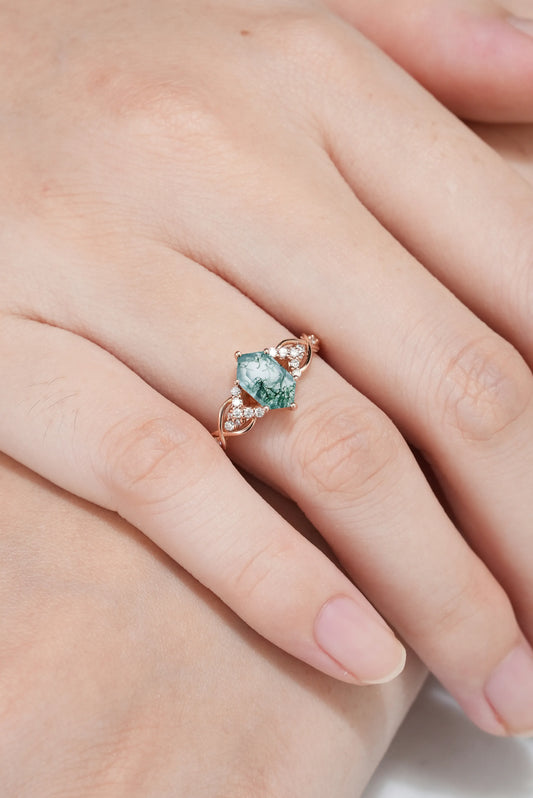 Long Hexagon Moss Agate Engagement Ring with Moissanite Twist Band