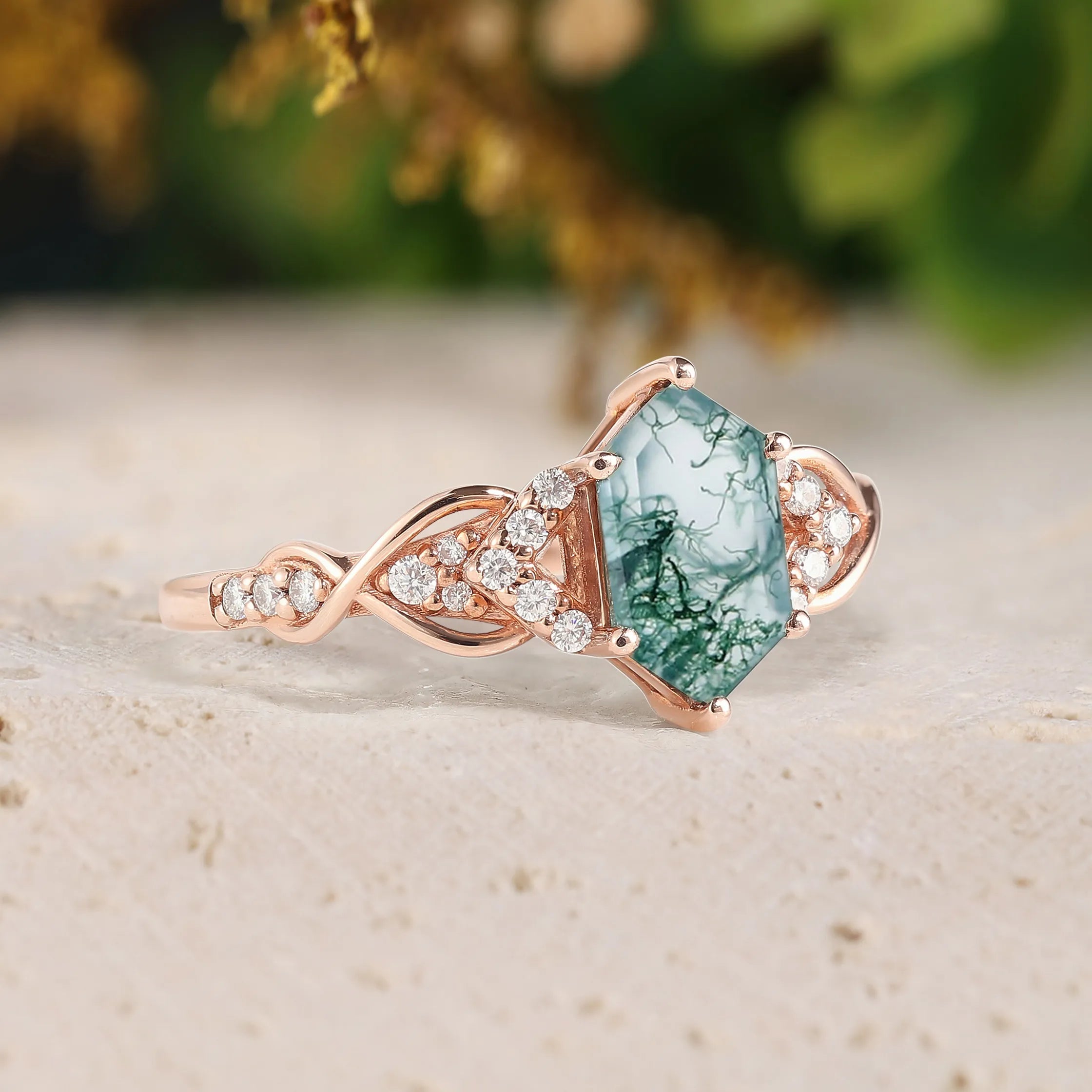 Long Hexagon Moss Agate Engagement Ring with Moissanite Twist Band