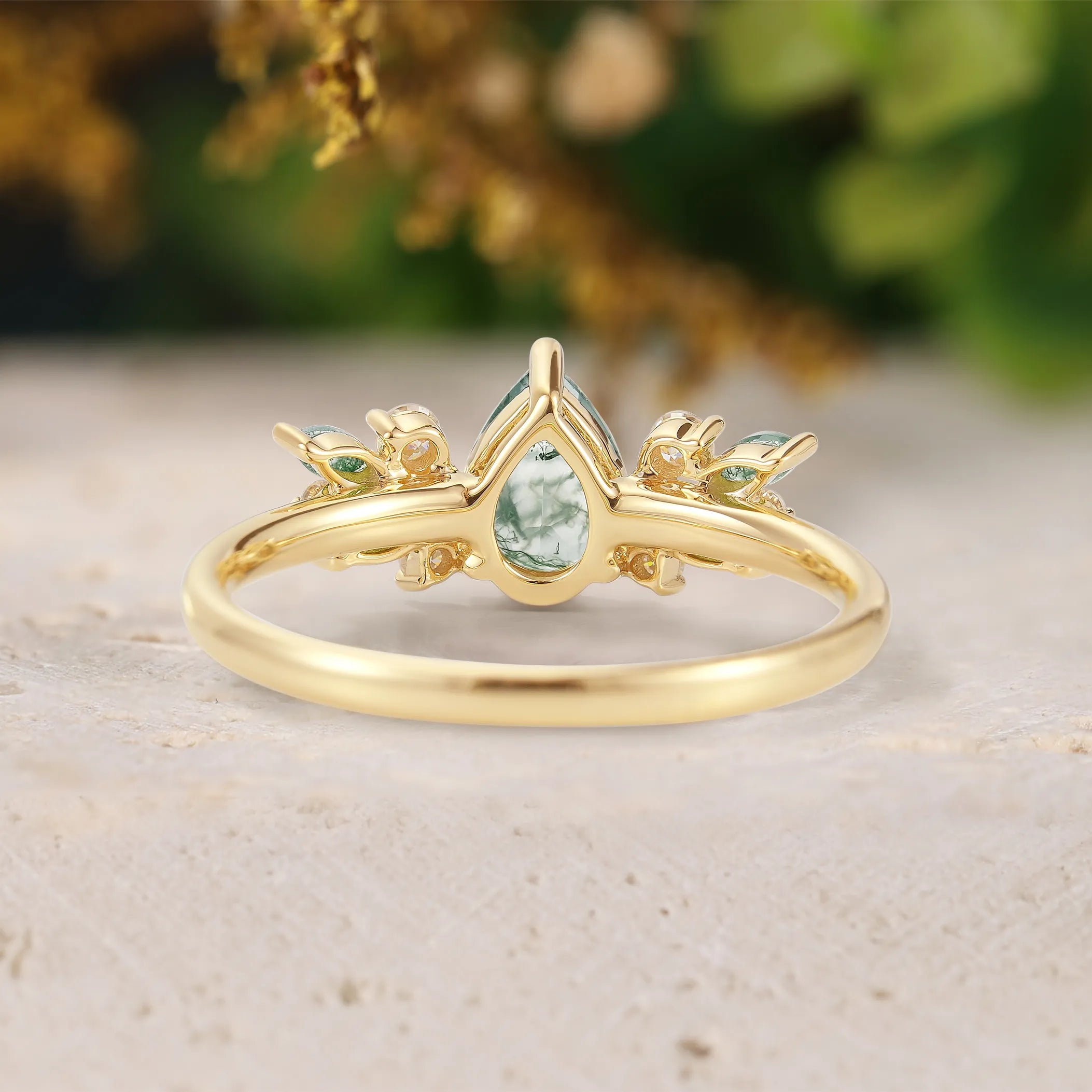Pear Cut Moss Agate Promise Ring with Moss Agate & Moissanite Cluster