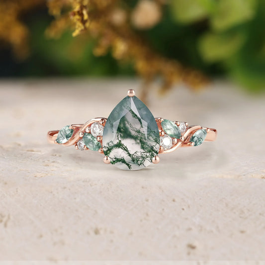 Unique Design Pear Cut Moss Agate Engagment Ring