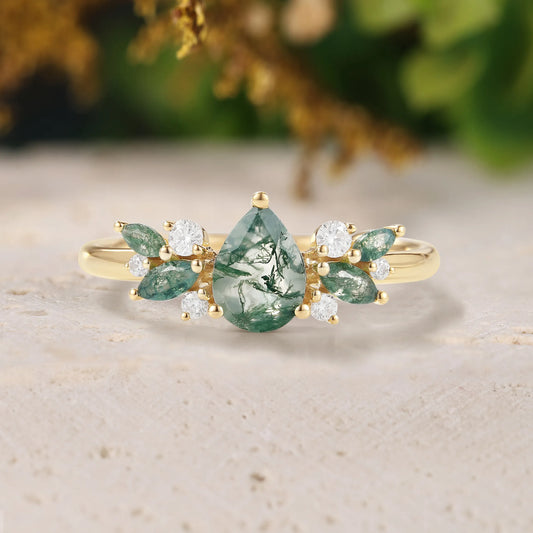 Pear Cut Moss Agate Promise Ring with Moss Agate & Moissanite Cluster