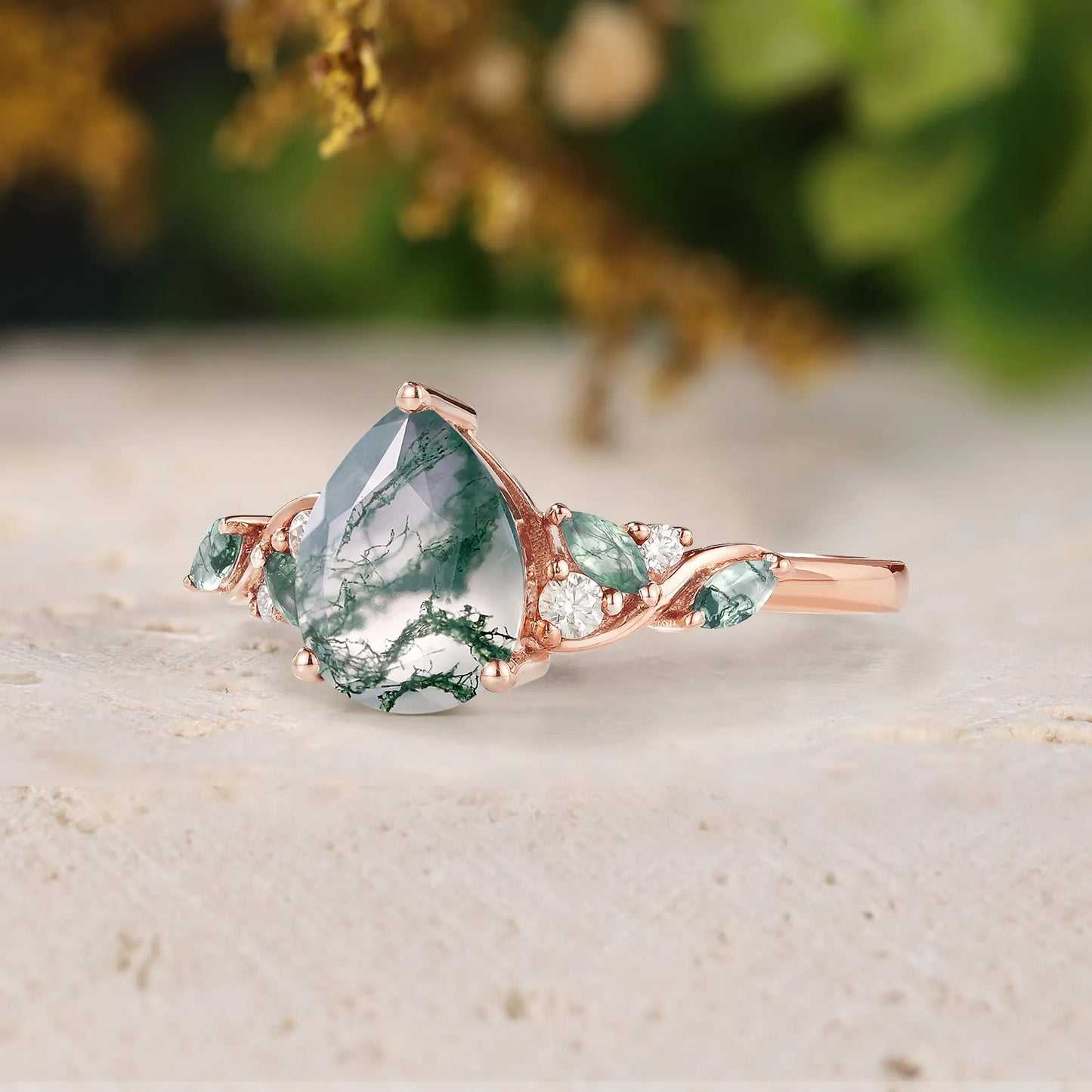 Unique Design Pear Cut Moss Agate Engagment Ring