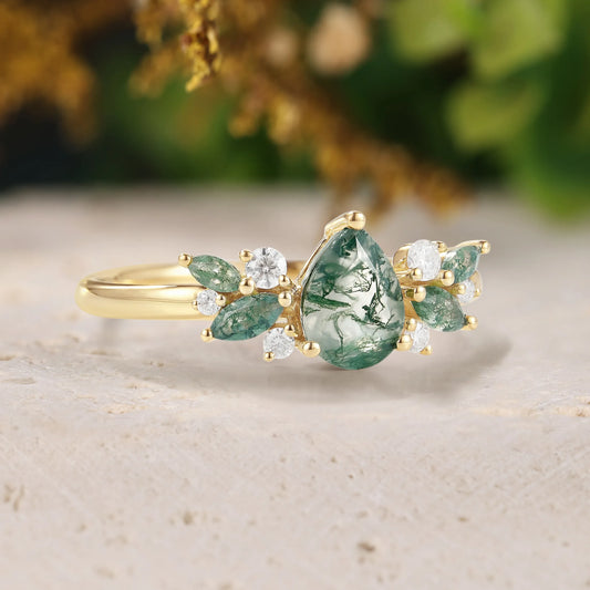 Pear Cut Moss Agate Promise Ring with Moss Agate & Moissanite Cluster