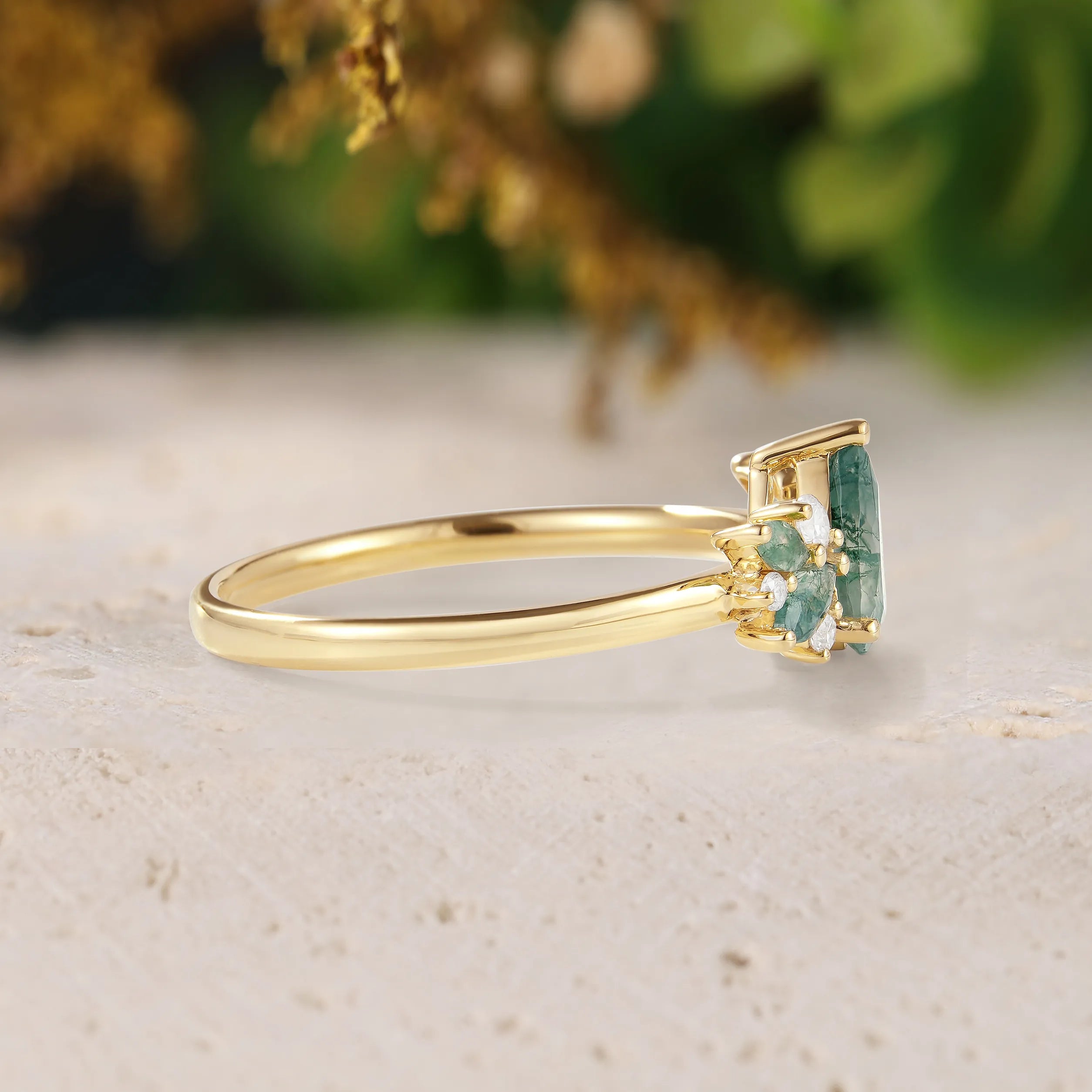 Pear Cut Moss Agate Promise Ring with Moss Agate & Moissanite Cluster