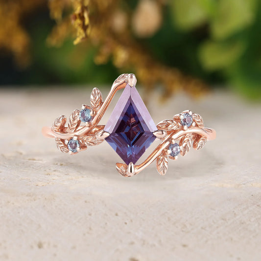 Kite Shaped Alexandrite Nature Inspired Promise Ring with Leaves