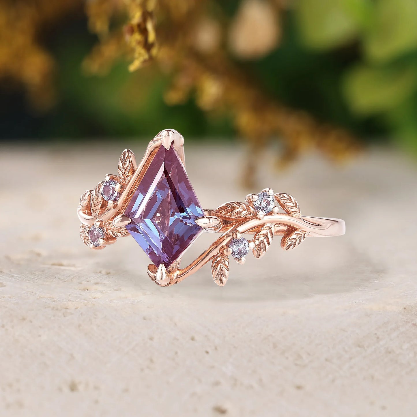 Kite Shaped Alexandrite Nature Inspired Promise Ring with Leaves