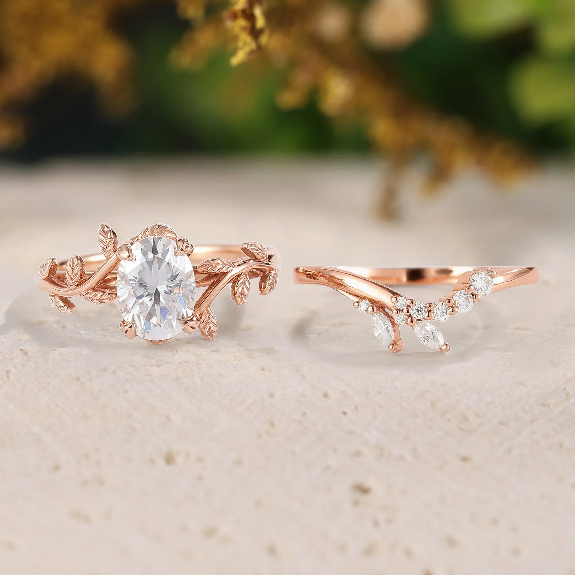 Oval Moissanite Engagement Ring Sets 2pcs with Leaves