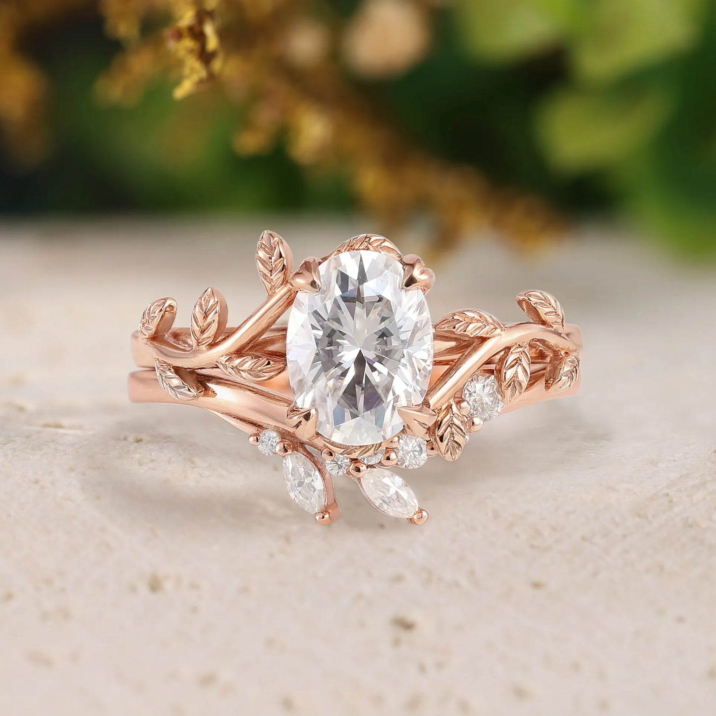 Oval Moissanite Engagement Ring Sets 2pcs with Leaves