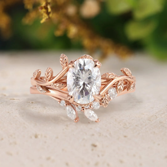 Oval Moissanite Engagement Ring Sets 2pcs with Leaves