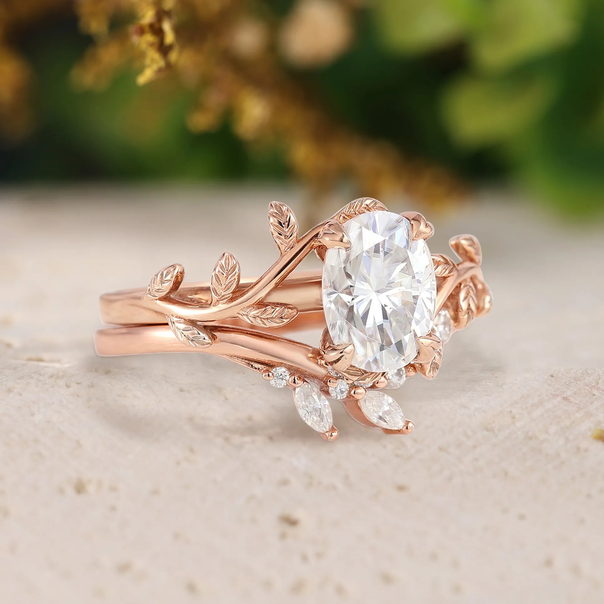 Oval Moissanite Engagement Ring Sets 2pcs with Leaves