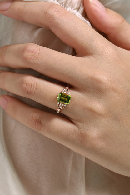 Emerald Cut Green Peridot Engagement Ring