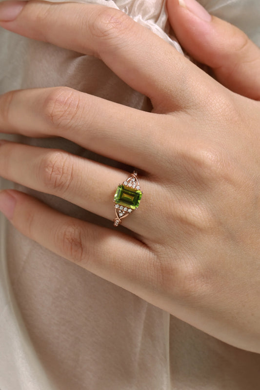 Emerald Cut Green Peridot Engagement Ring