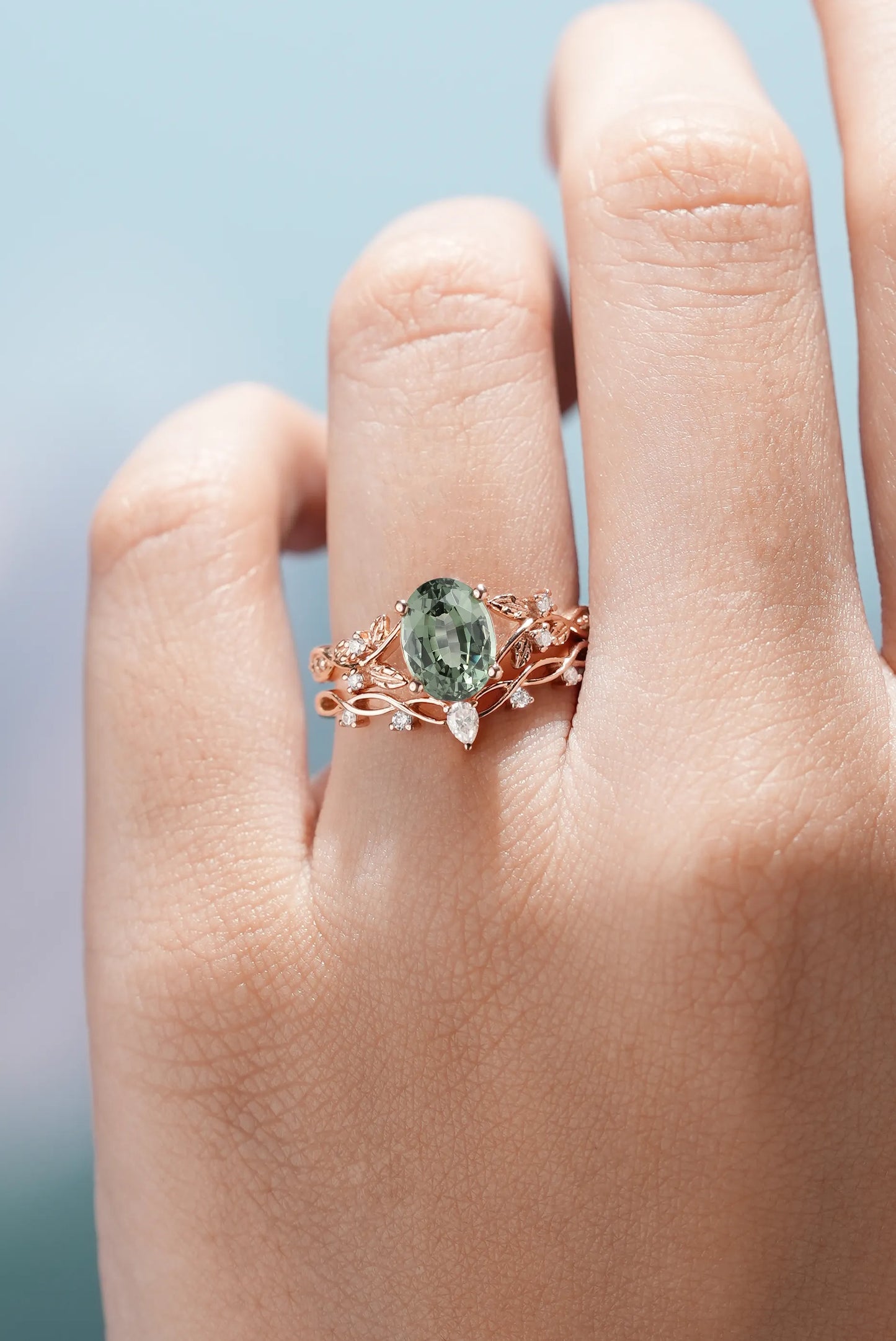 Oval Green Sapphire Leaf Engagement Ring with Chevron Wedding Band
