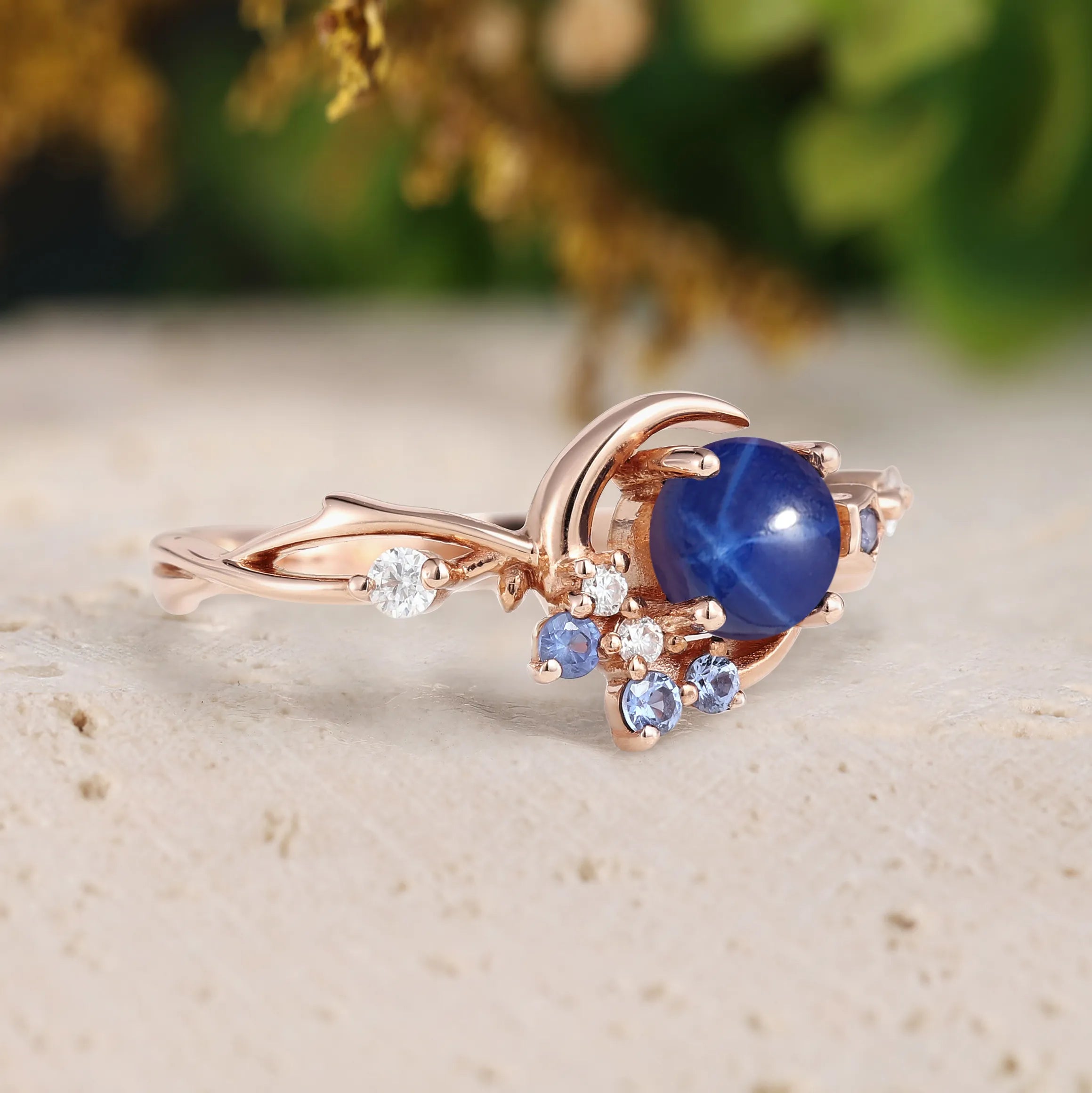 Unique Star Sapphire Engagement Ring with Star & Moon
