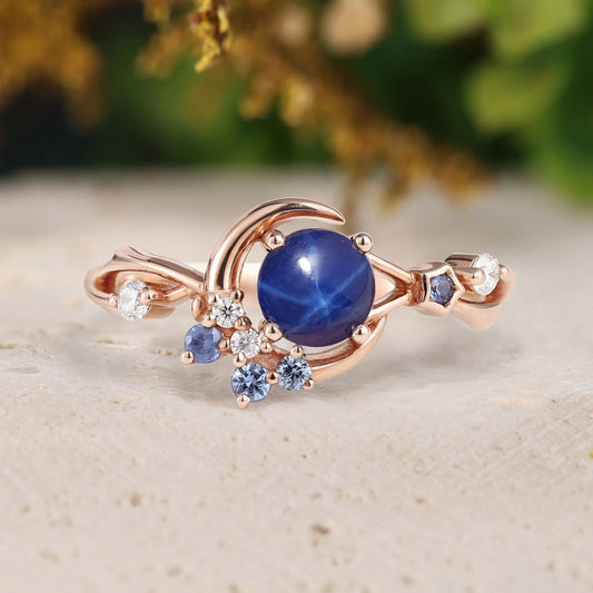 Unique Star Sapphire Engagement Ring with Star & Moon