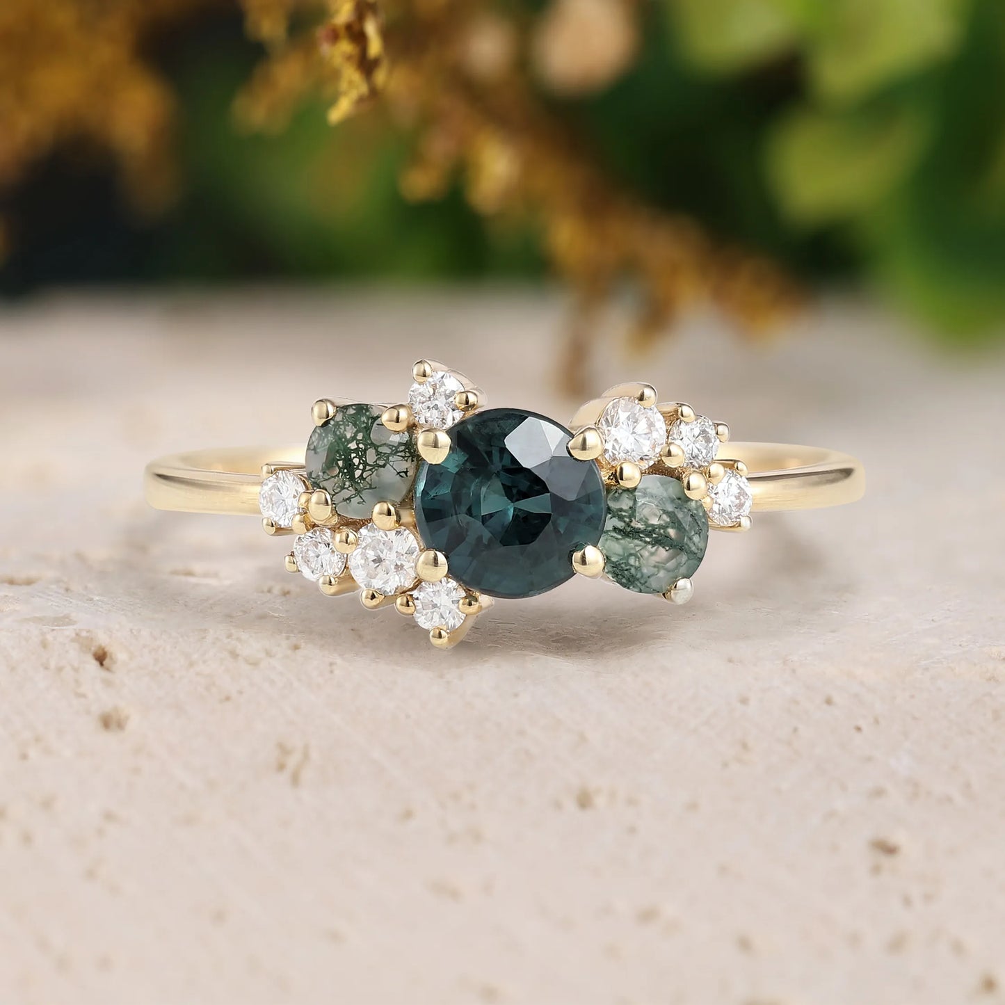 Natural Teal Sapphire Engagement Ring with Moss Agate & Moissanite Cluster