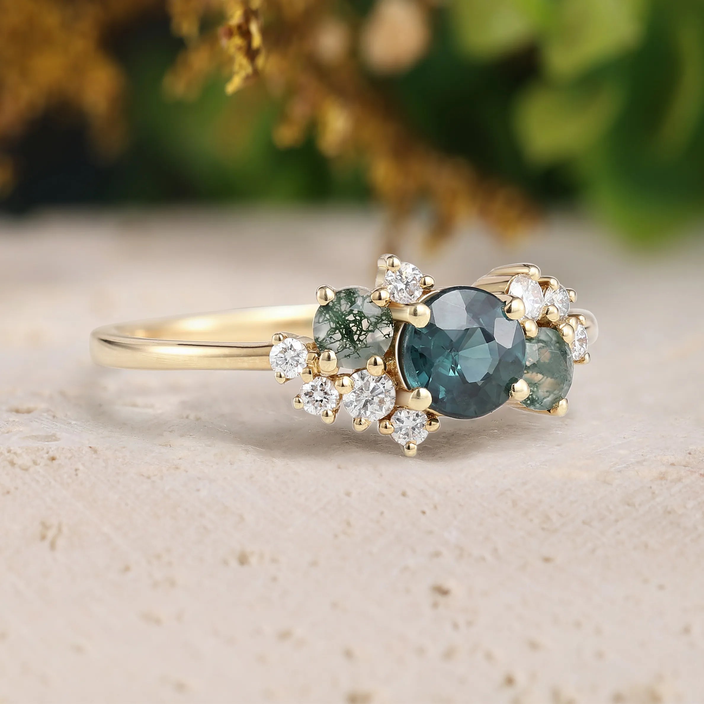 Natural Teal Sapphire Engagement Ring with Moss Agate & Moissanite Cluster