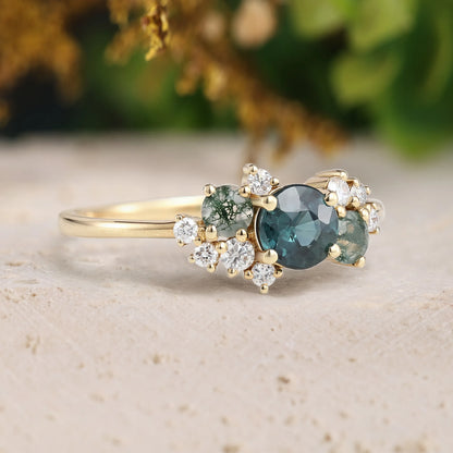 Natural Teal Sapphire Engagement Ring with Moss Agate & Moissanite Cluster