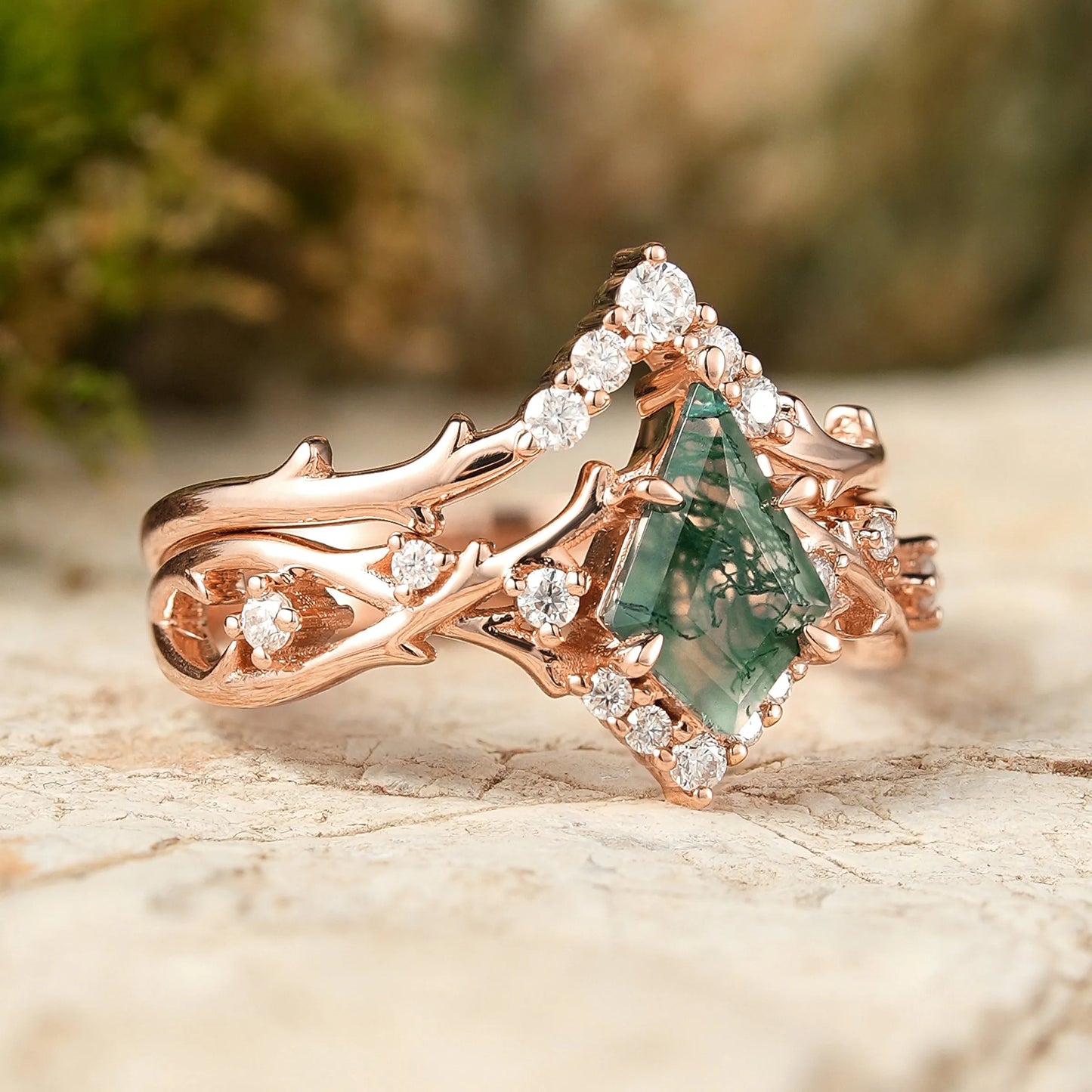 Kite Cut Moss Agate Ring Sets 2pcs with Thorns