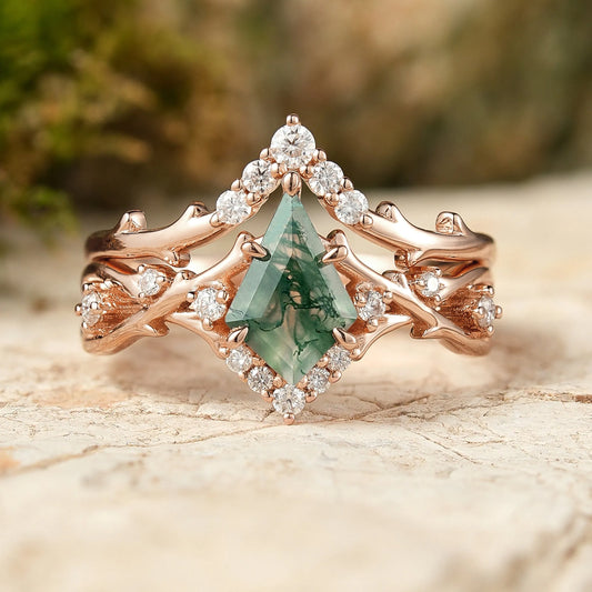Kite Cut Moss Agate Ring Sets 2pcs with Thorns
