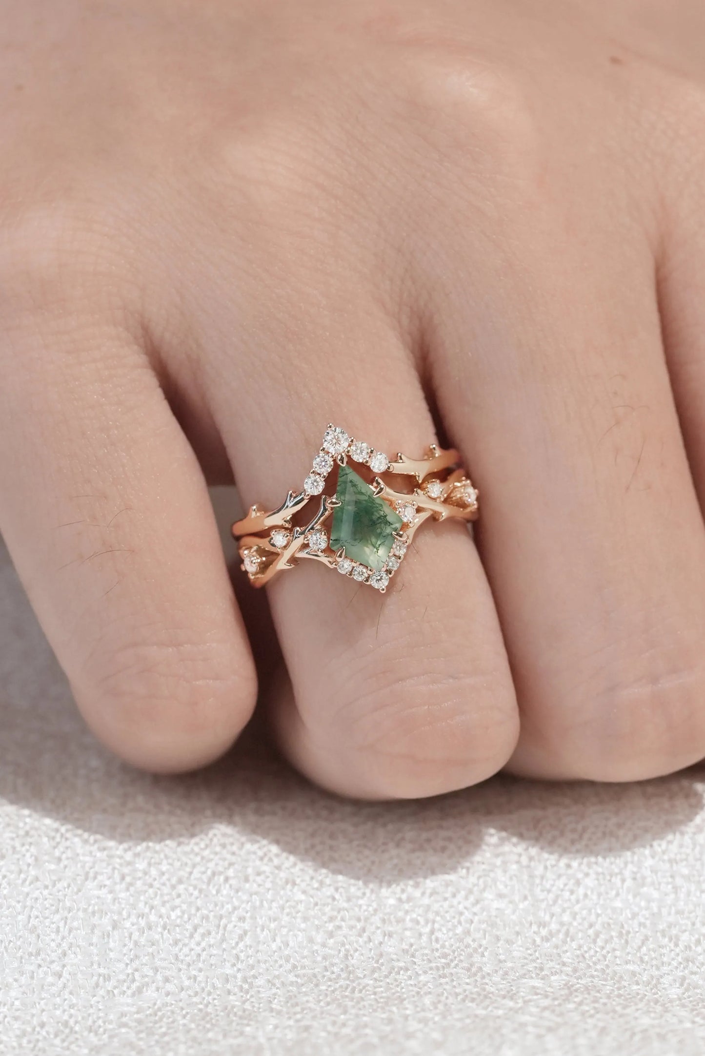 Kite Cut Moss Agate Ring Sets 2pcs with Thorns