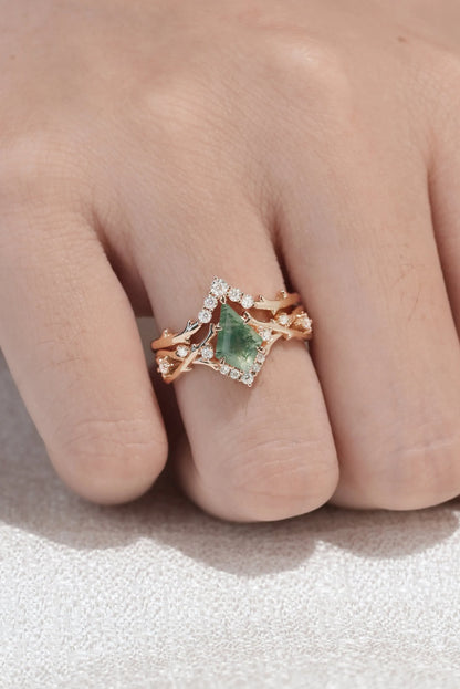 Kite Cut Moss Agate Ring Sets 2pcs with Thorns