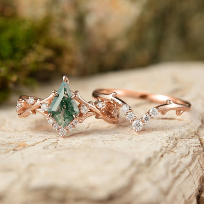 Kite Cut Moss Agate Ring Sets 2pcs with Thorns