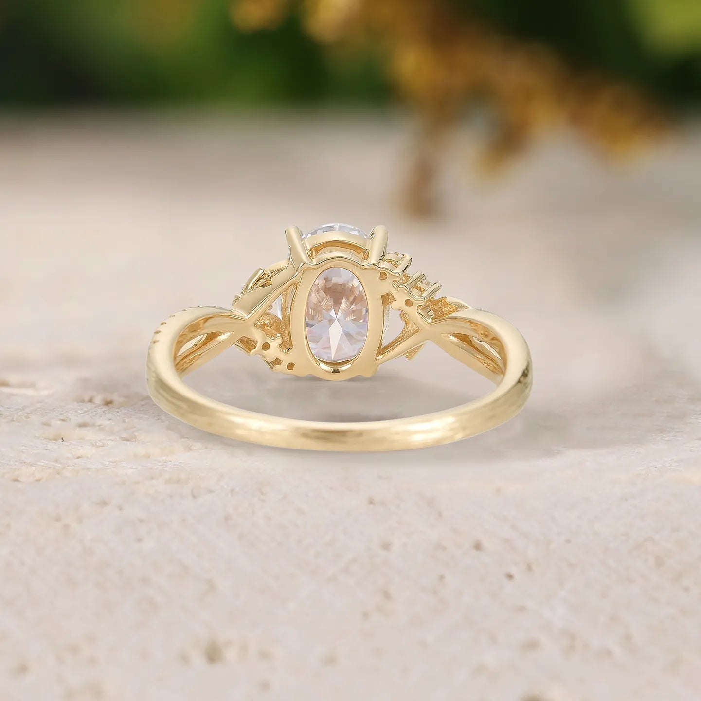 Oval Cut Moissanite Engagement Ring with Leaf & Tree-Texture