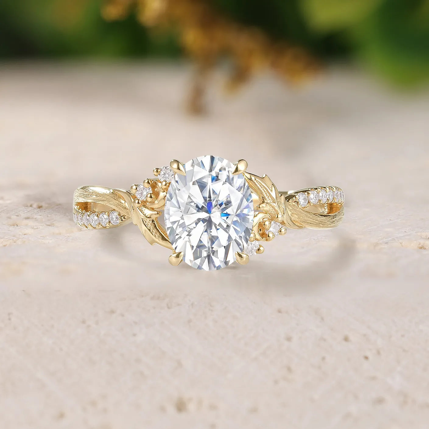 Oval Cut Moissanite Engagement Ring with Leaf & Tree-Texture