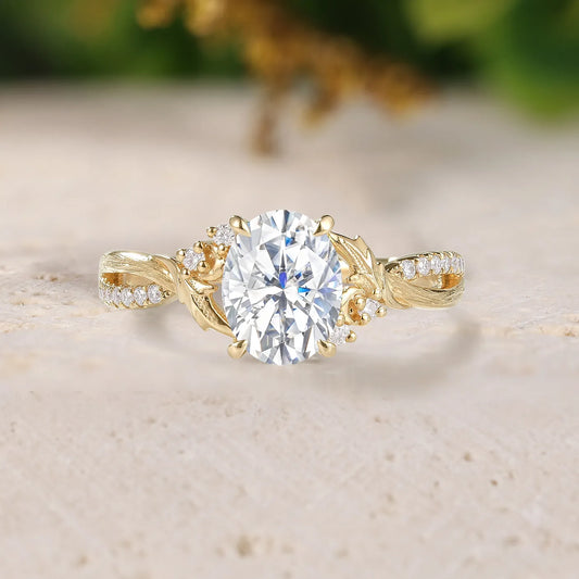 Oval Cut Moissanite Engagement Ring with Leaf & Tree-Texture