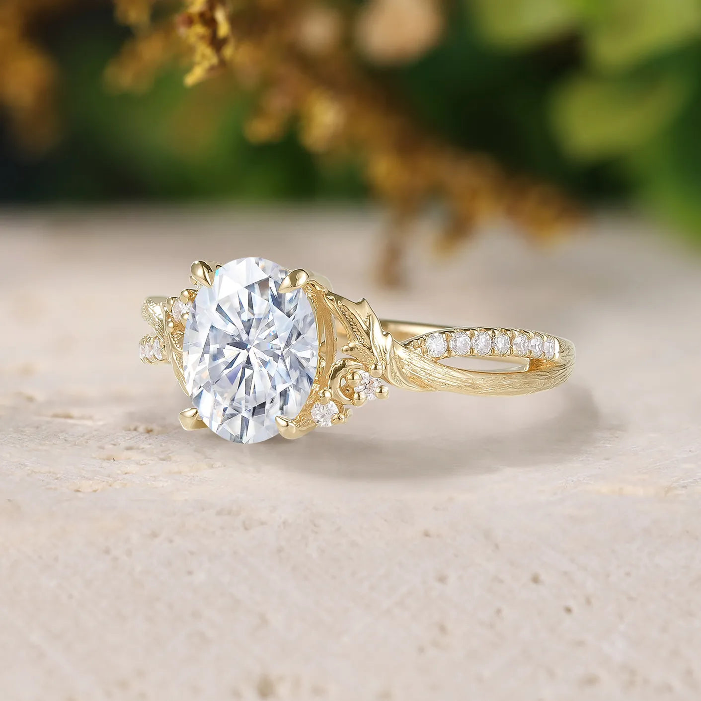 Oval Cut Moissanite Engagement Ring with Leaf & Tree-Texture