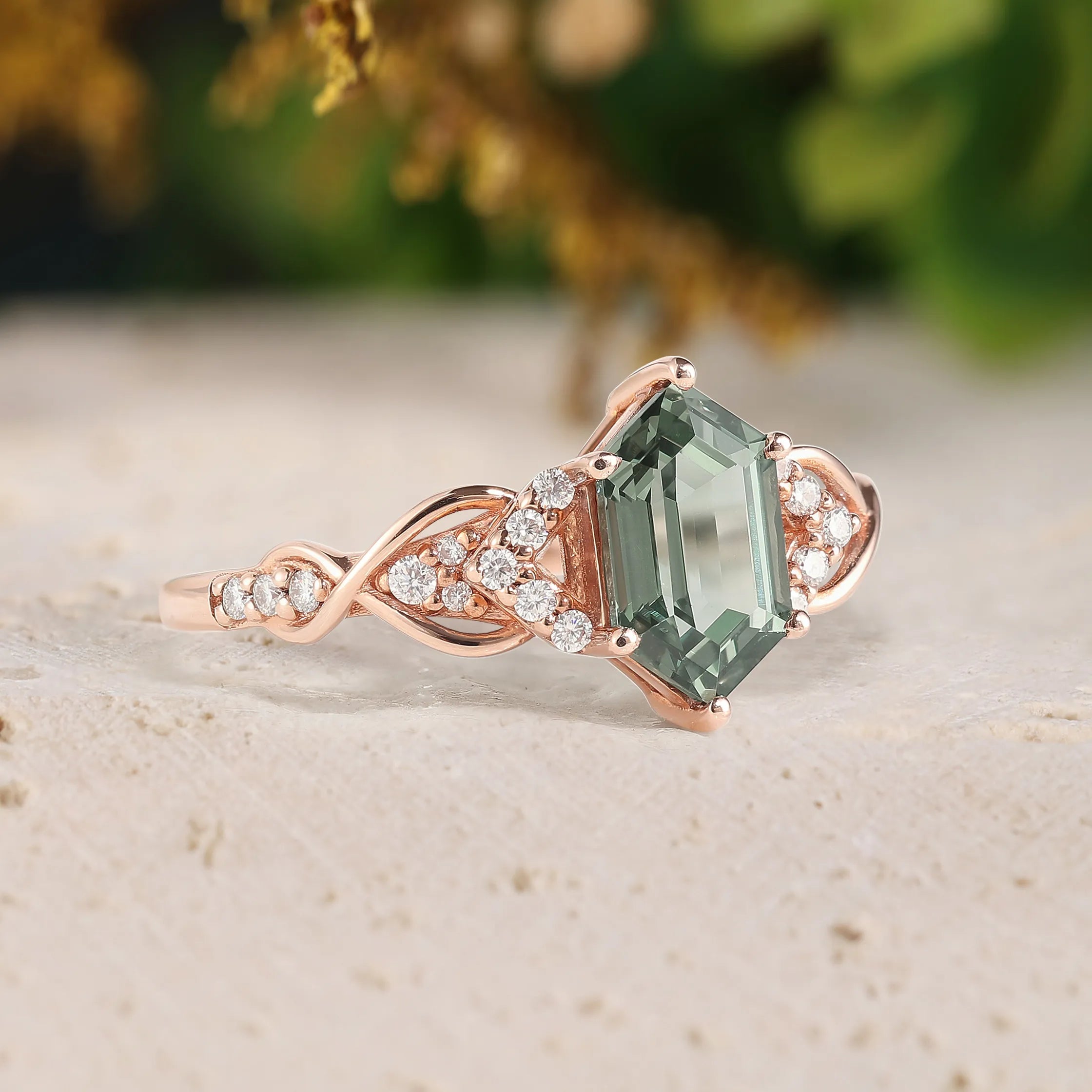 Long Hexagon Cut Green Sapphire Engagement Ring with Moissanite Twist Band