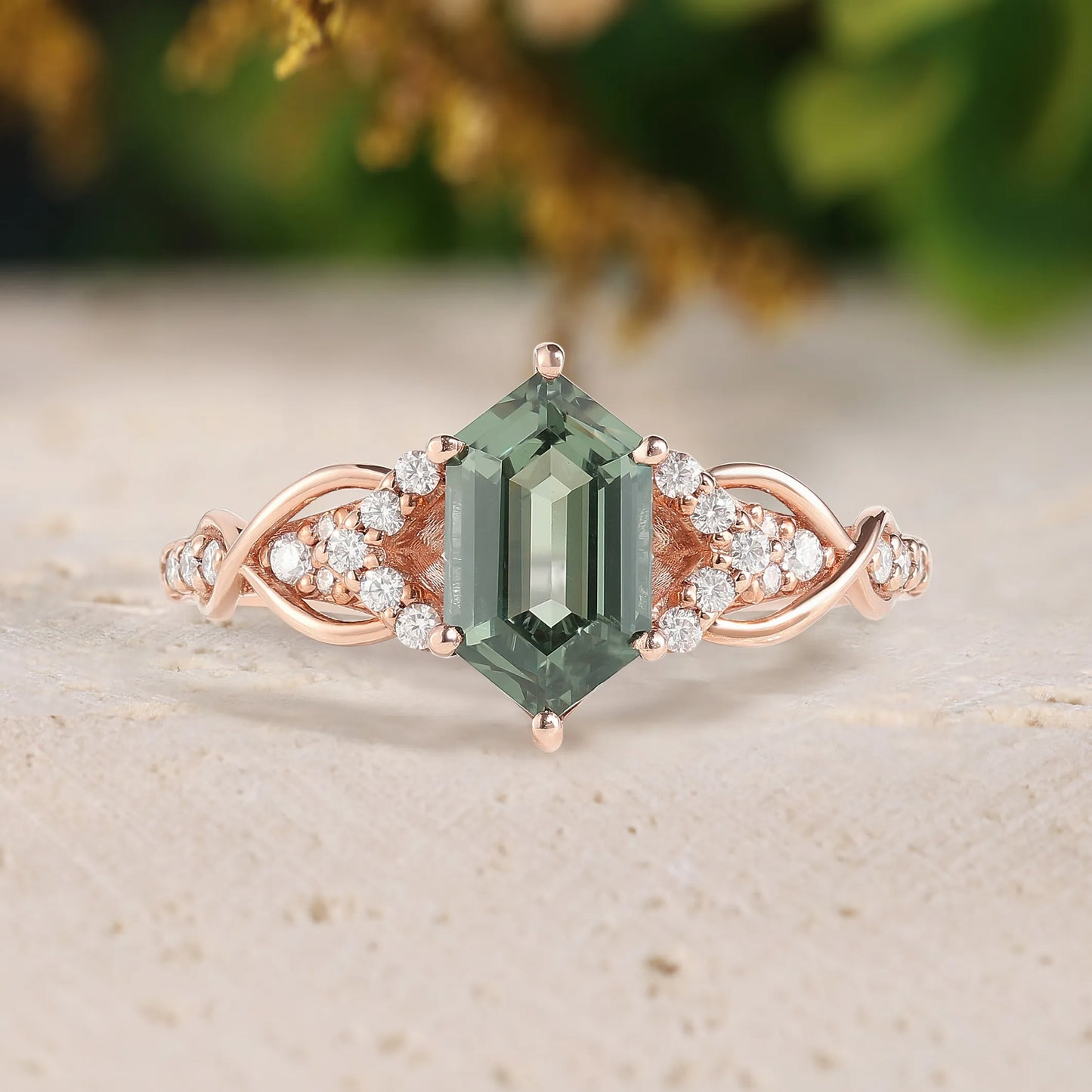 Long Hexagon Cut Green Sapphire Engagement Ring with Moissanite Twist Band