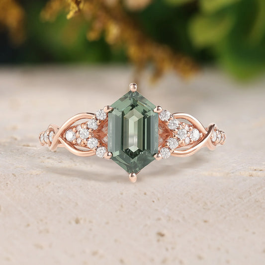 Long Hexagon Cut Green Sapphire Engagement Ring with Moissanite Twist Band