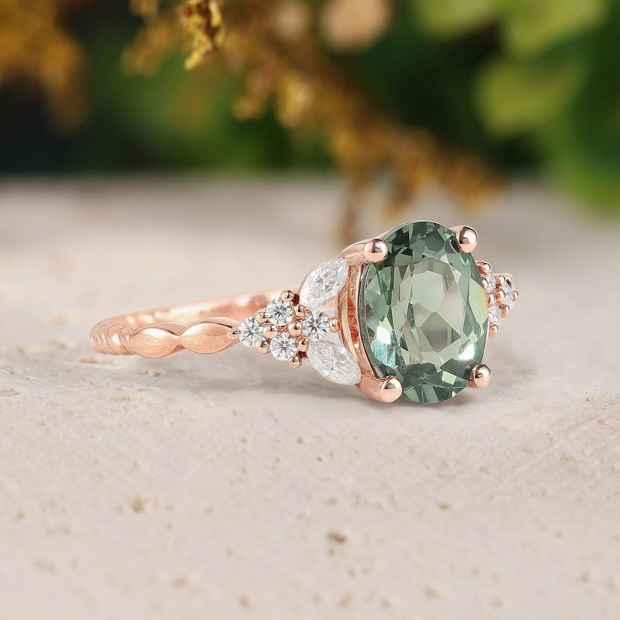 Oval Green Sapphire Engagement Ring with Moissanite Cluster