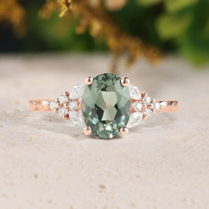 Oval Green Sapphire Engagement Ring with Moissanite Cluster