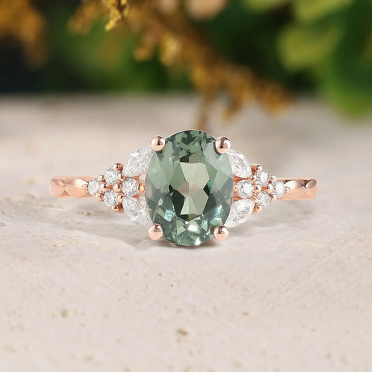 Oval Green Sapphire Engagement Ring with Moissanite Cluster