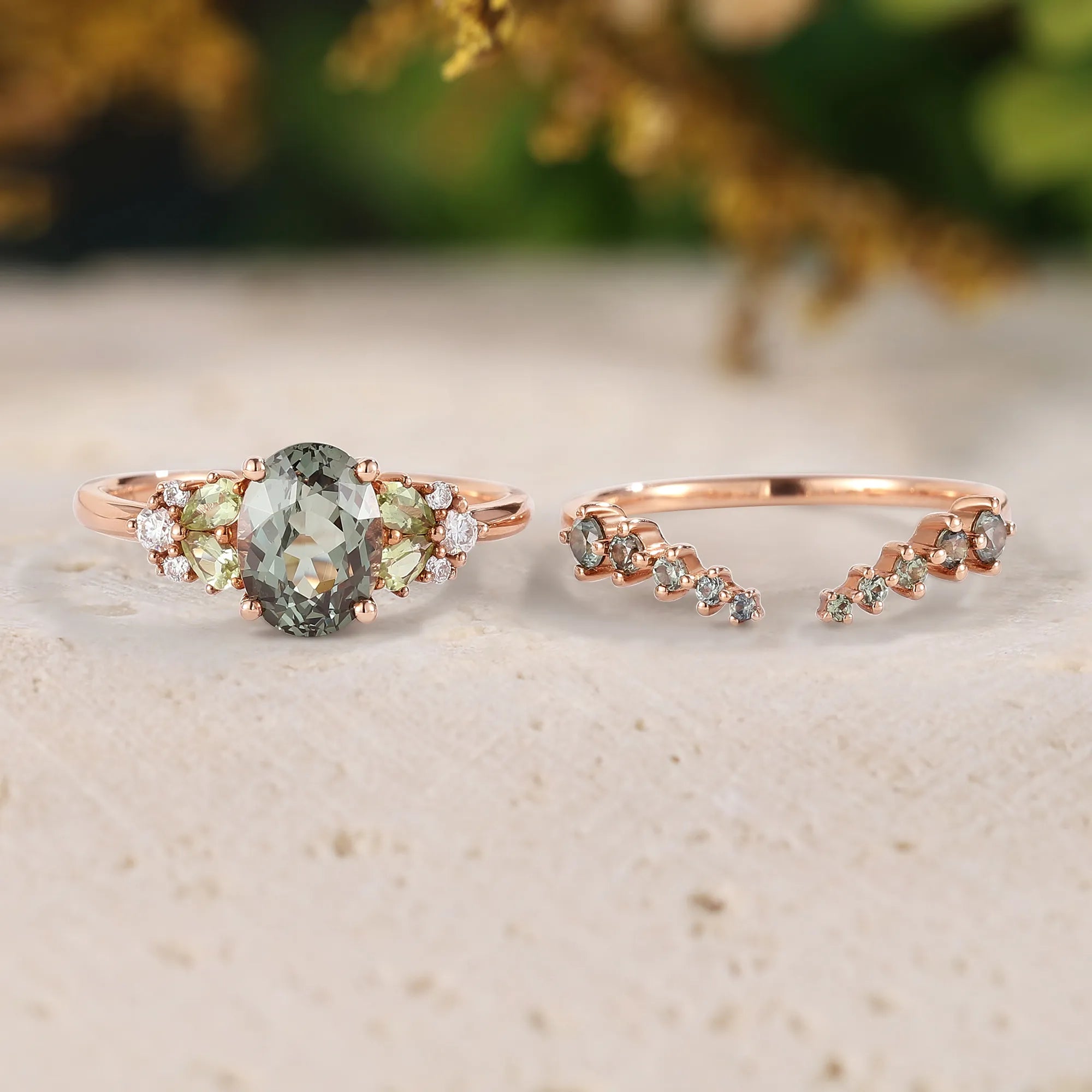 Oval Green Sapphire Vintage Engagement Ring Sets 2pcs