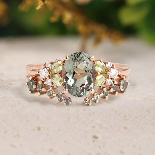 Oval Green Sapphire Vintage Engagement Ring Sets 2pcs
