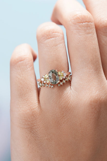 Oval Green Sapphire Vintage Engagement Ring Sets 2pcs